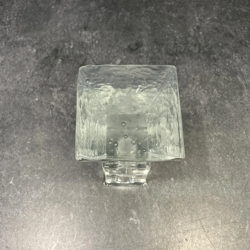 Scandinavian Ice Block Glass Candle Holder Brutalist Bubble Crystal MCM Vintage